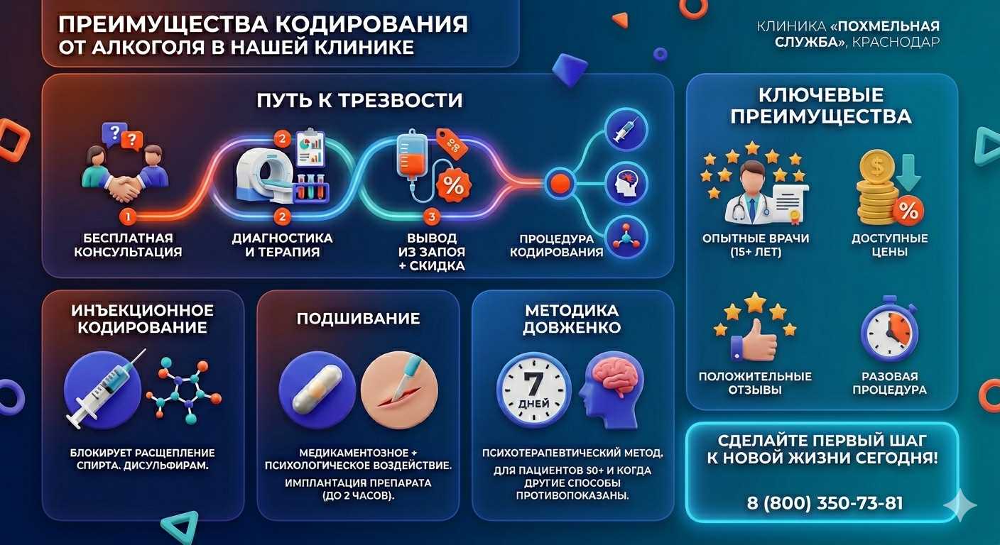 Инфографика о методах кодирования от алкоголя в Заозёрске: инъекции, подшивание, метод Довженко. Преимущества клиники и этапы лечения.